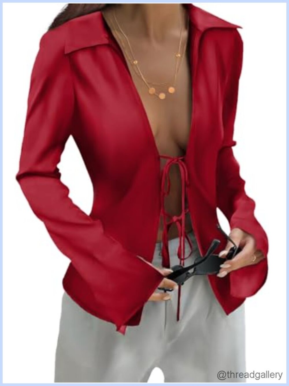 Women's Satin Silk Tie Front Deep V Neck Long Sleeve Blouse Y2k Going Out Top